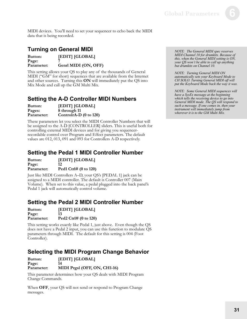 Global parameters, Turning on general midi, Setting the a-d controller midi numbers | Setting the pedal 1 midi controller number, Setting the pedal 2 midi controller number, Selecting the midi program change behavior | ALESIS QS6.2 User Manual | Page 33 / 105