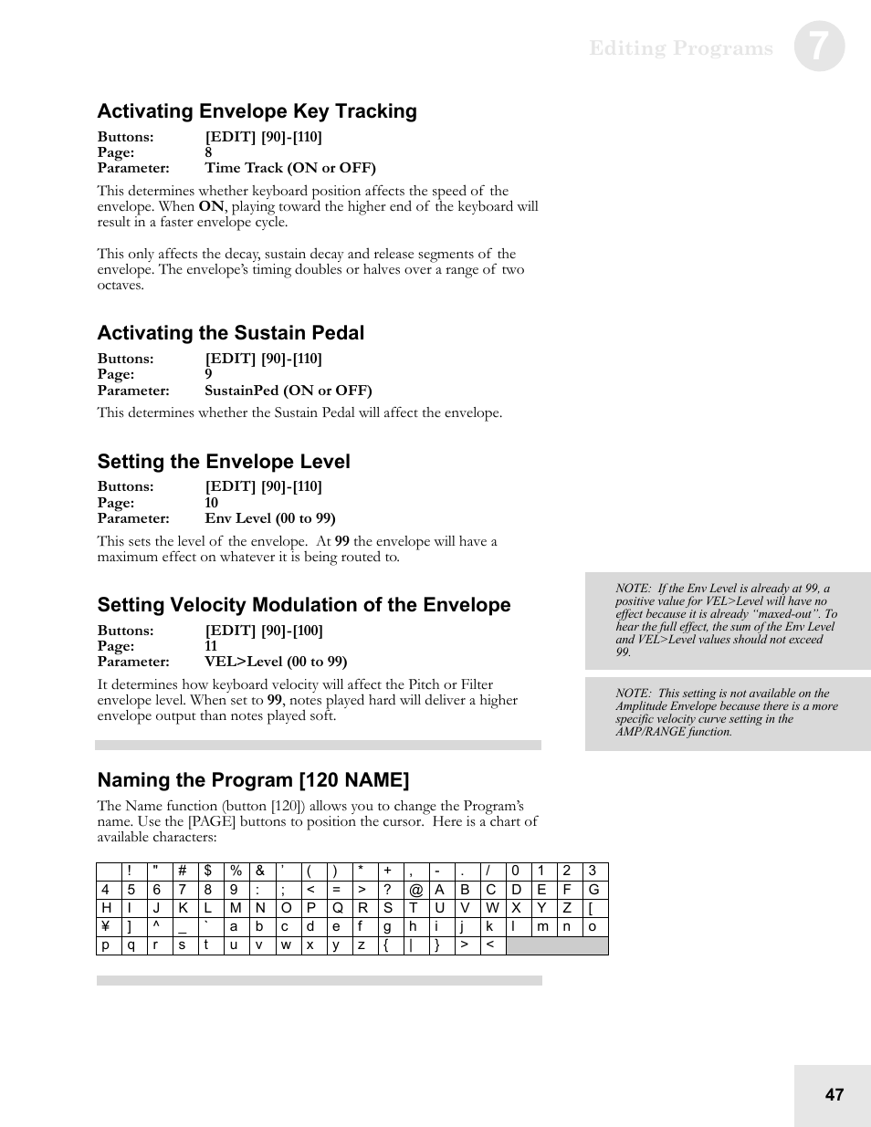 Editing programs, Activating envelope key tracking, Activating the sustain pedal | Setting the envelope level, Setting velocity modulation of the envelope, Naming the program [120 name | ALESIS QS6.2 User Manual | Page 49 / 105