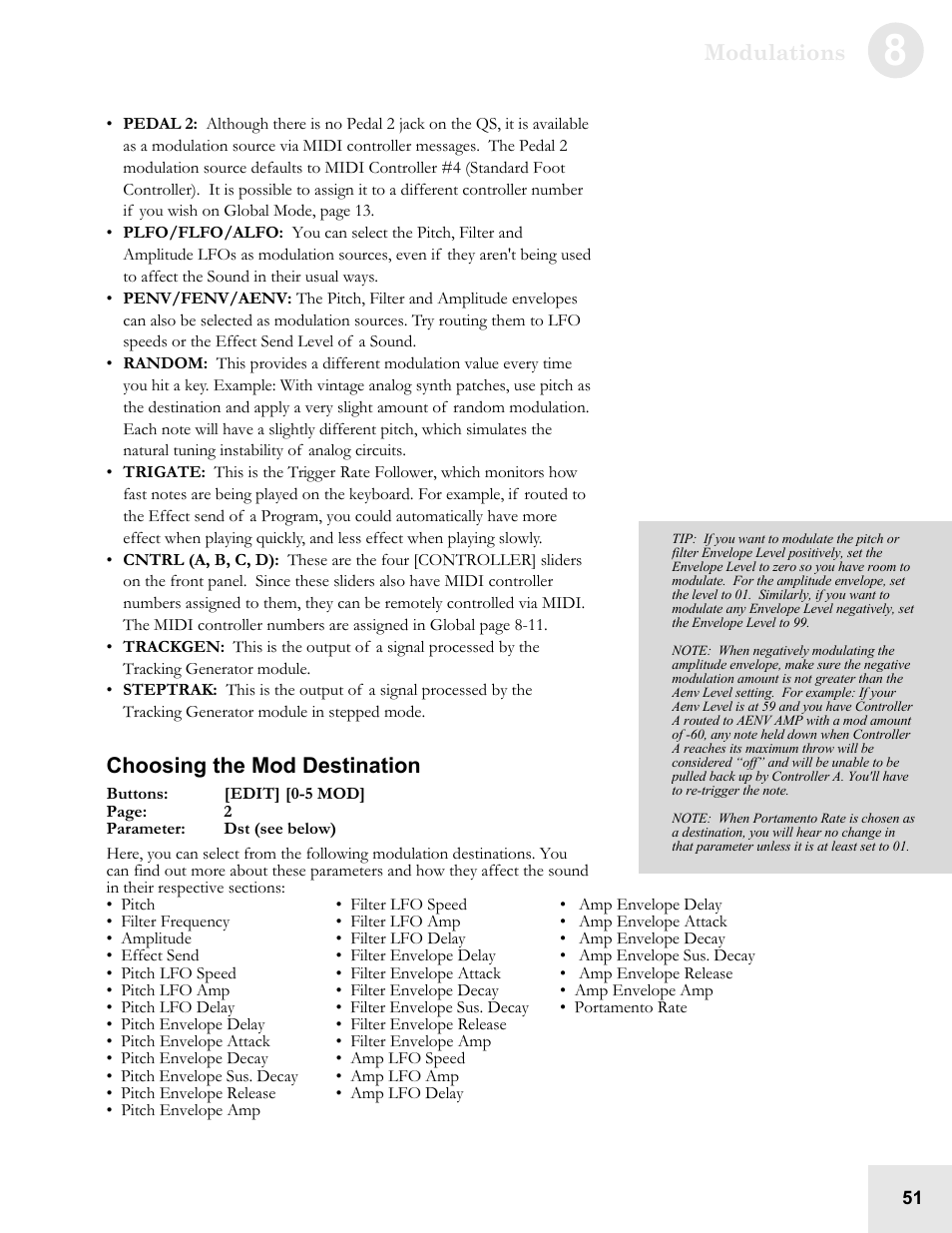Modulations, Choosing the mod destination | ALESIS QS6.2 User Manual | Page 53 / 105