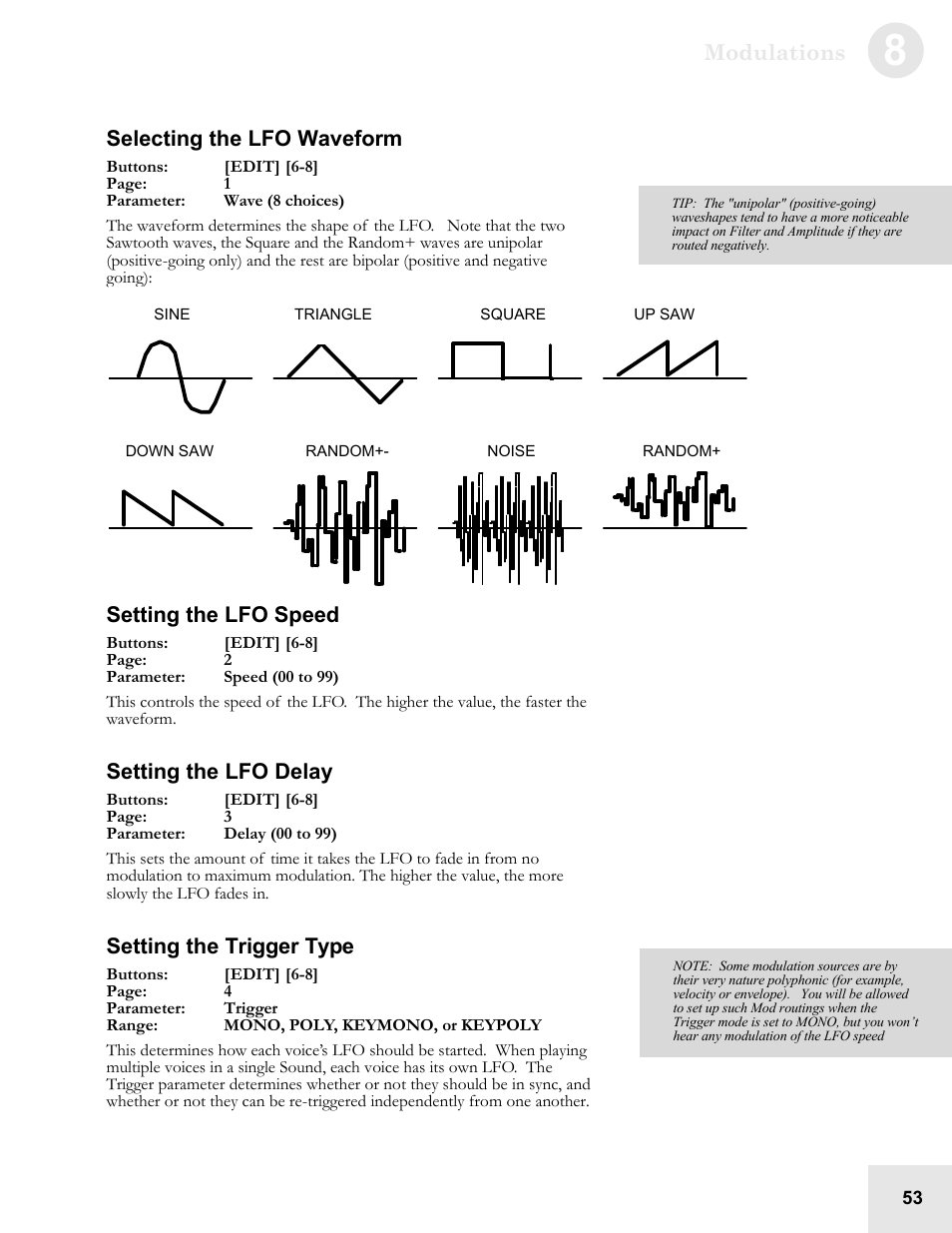 Modulations, Selecting the lfo waveform, Setting the lfo speed | Setting the lfo delay, Setting the trigger type | ALESIS QS6.2 User Manual | Page 55 / 105