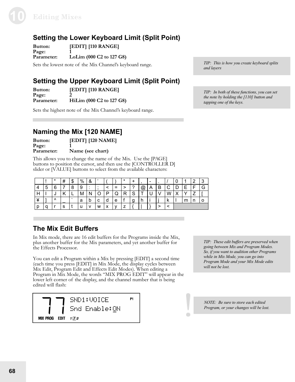 Editing mixes, Setting the lower keyboard limit (split point), Setting the upper keyboard limit (split point) | Naming the mix [120 name, The mix edit buffers | ALESIS QS6.2 User Manual | Page 70 / 105