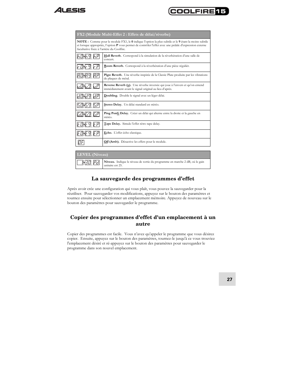 La sauvegarde des programmes d’effet | ALESIS COOLFIRE 15 User Manual | Page 29 / 51