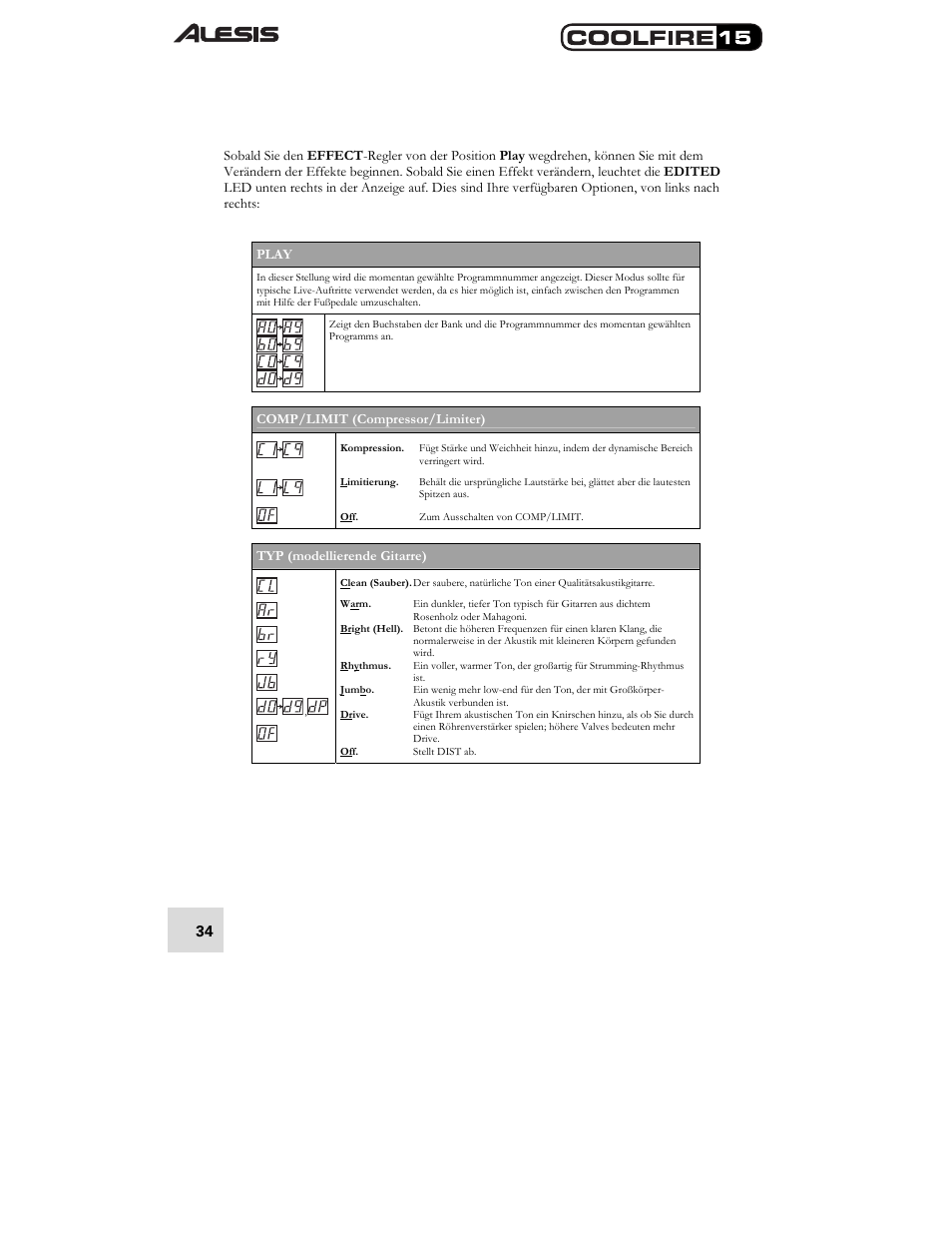 Comp/limit (compressor/limiter), Typ (modellierende gitarre) | ALESIS COOLFIRE 15 User Manual | Page 36 / 51