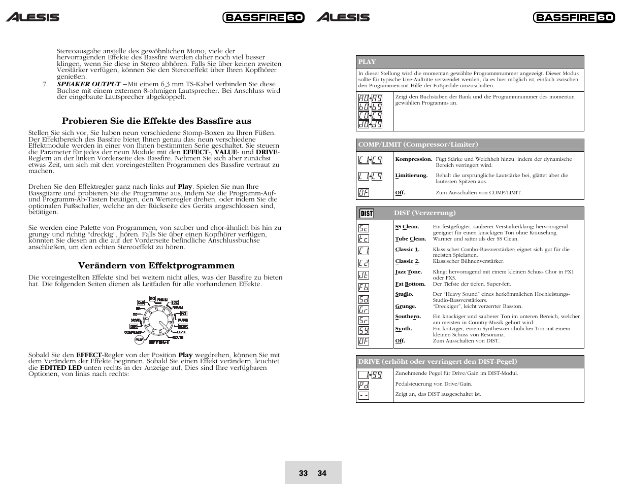 Probieren sie die effekte des bassfire aus, Verändern von effektprogrammen | ALESIS BASSFIRE 60 User Manual | Page 35 / 51