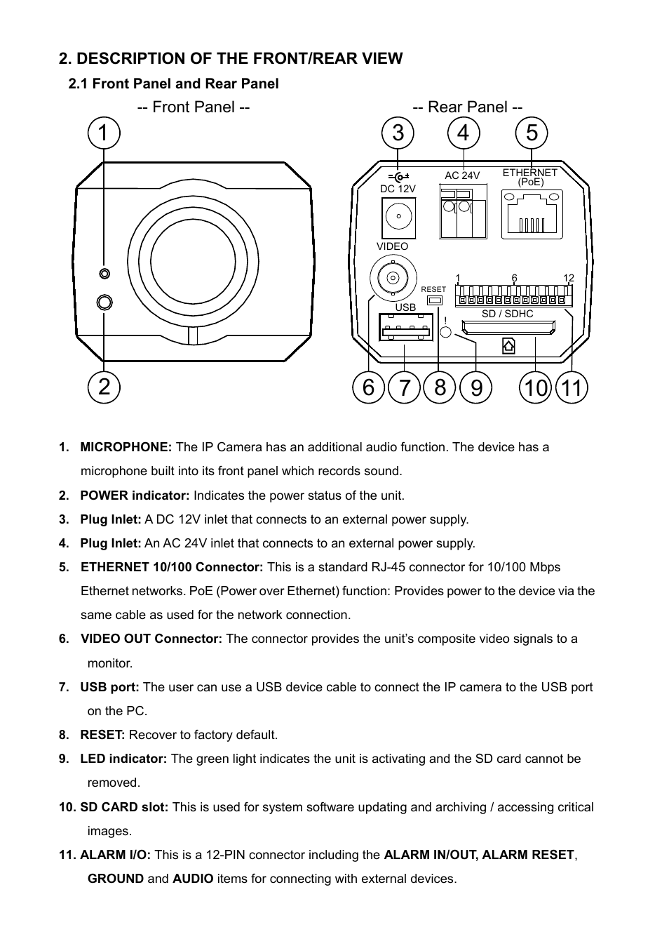 Description of the front/rear view, 1 front panel and rear panel, Ront | Anel and, Anel | Approach Tech Appro IP Camera LC-7314 User Manual | Page 10 / 106