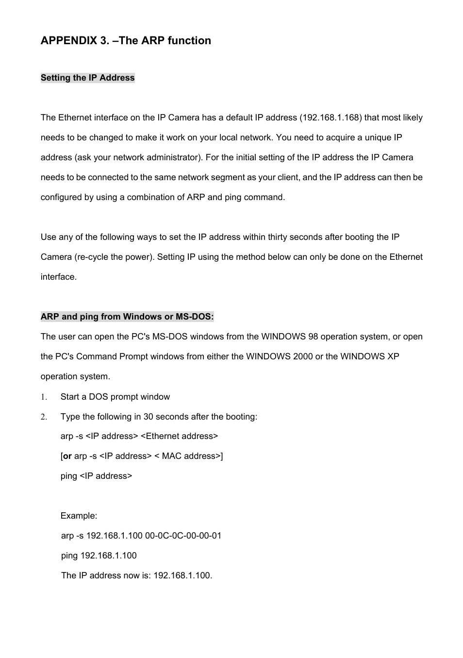 Appendix 3. –the arp function | Approach Tech Appro IP Camera LC-7314 User Manual | Page 100 / 106