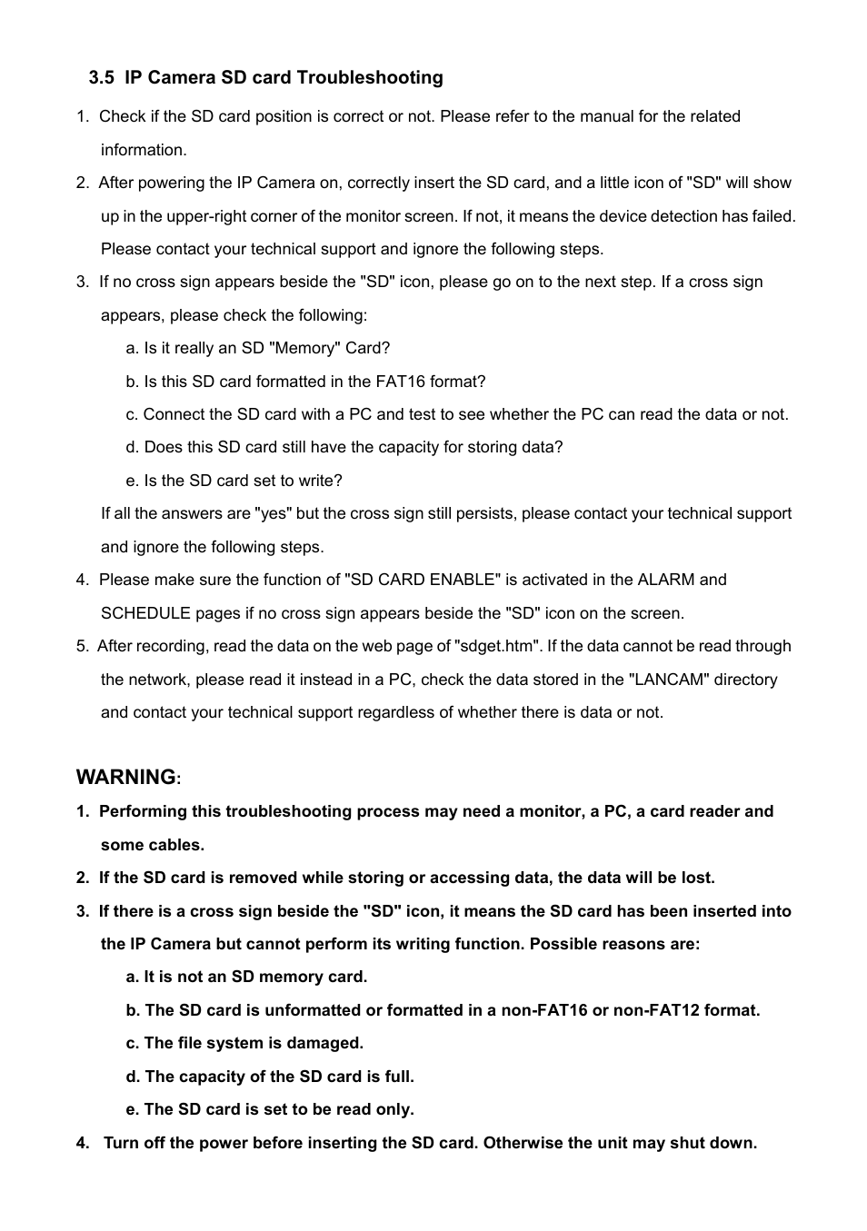 5 ip camera sd card troubleshooting, Ip c, Amera | Card, Roubleshooting, Warning | Approach Tech Appro IP Camera LC-7314 User Manual | Page 17 / 106