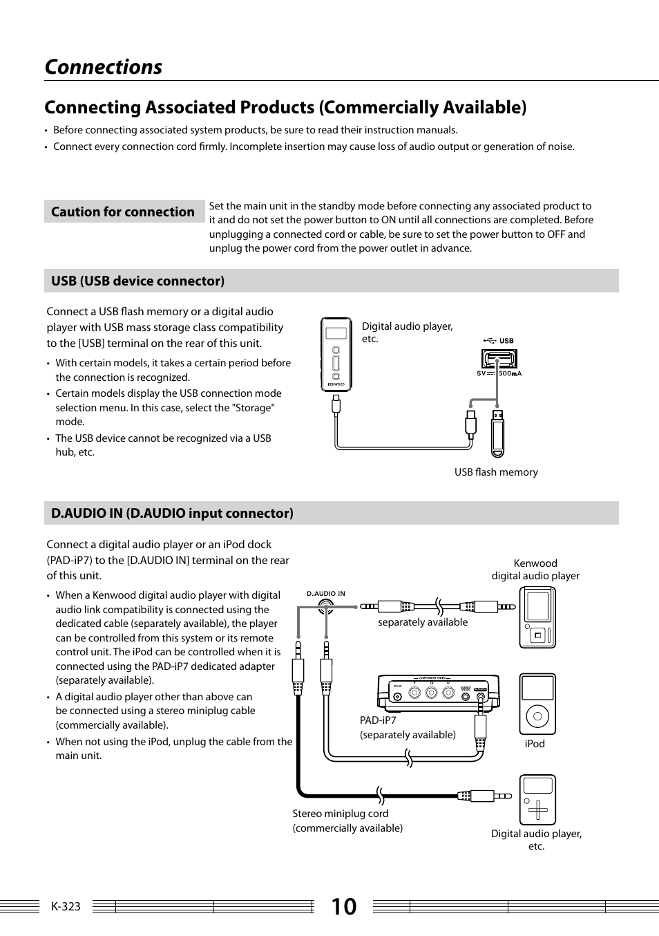 Connections, Usb (usb device connector), D.audio in (d.audio input connector) | Caution for connection | Kenwood K-323-BK User Manual | Page 10 / 50