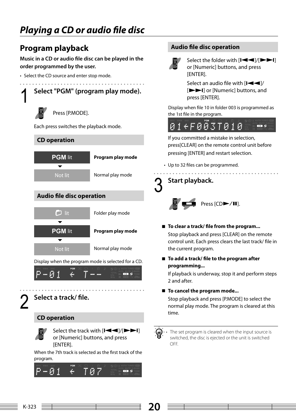 Playing a cd or audio fi le disc, Program playback | Kenwood K-323-BK User Manual | Page 20 / 50