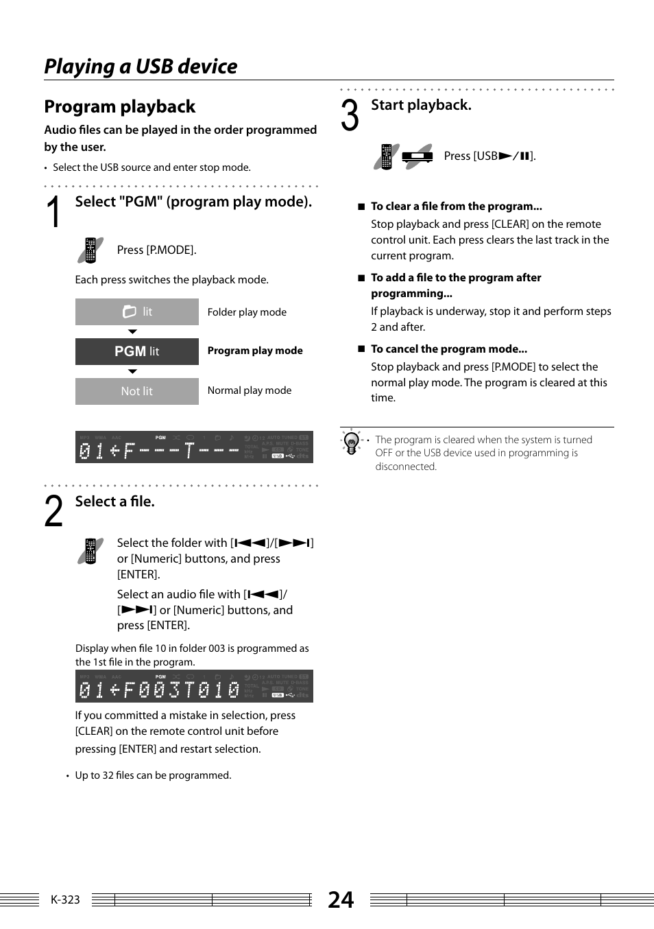 Playing a usb device, Program playback | Kenwood K-323-BK User Manual | Page 24 / 50