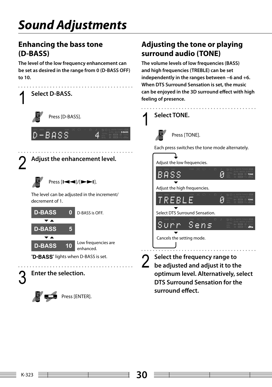 Sound adjustments | Kenwood K-323-BK User Manual | Page 30 / 50