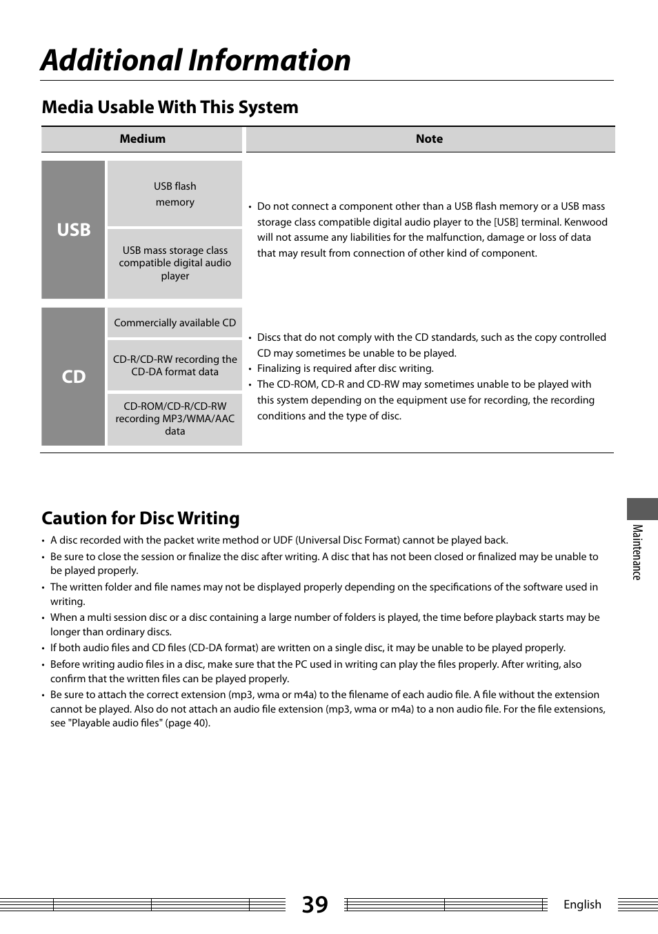 Additional information, Media usable with this system, Caution for disc writing | Kenwood K-323-BK User Manual | Page 39 / 50