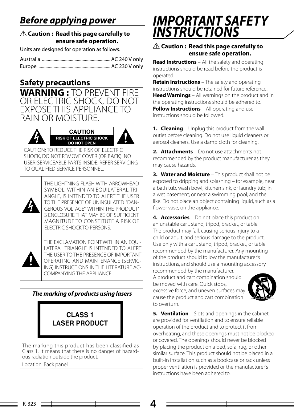 Important safety instructions, Before applying power, Safety precautions | Kenwood K-323-BK User Manual | Page 4 / 50