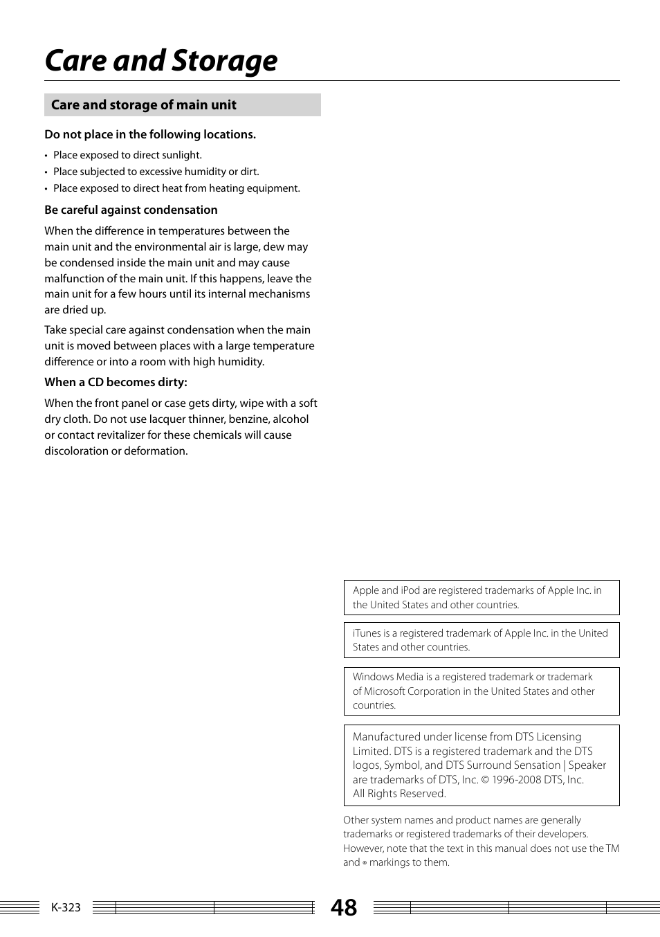 Care and storage | Kenwood K-323-BK User Manual | Page 48 / 50