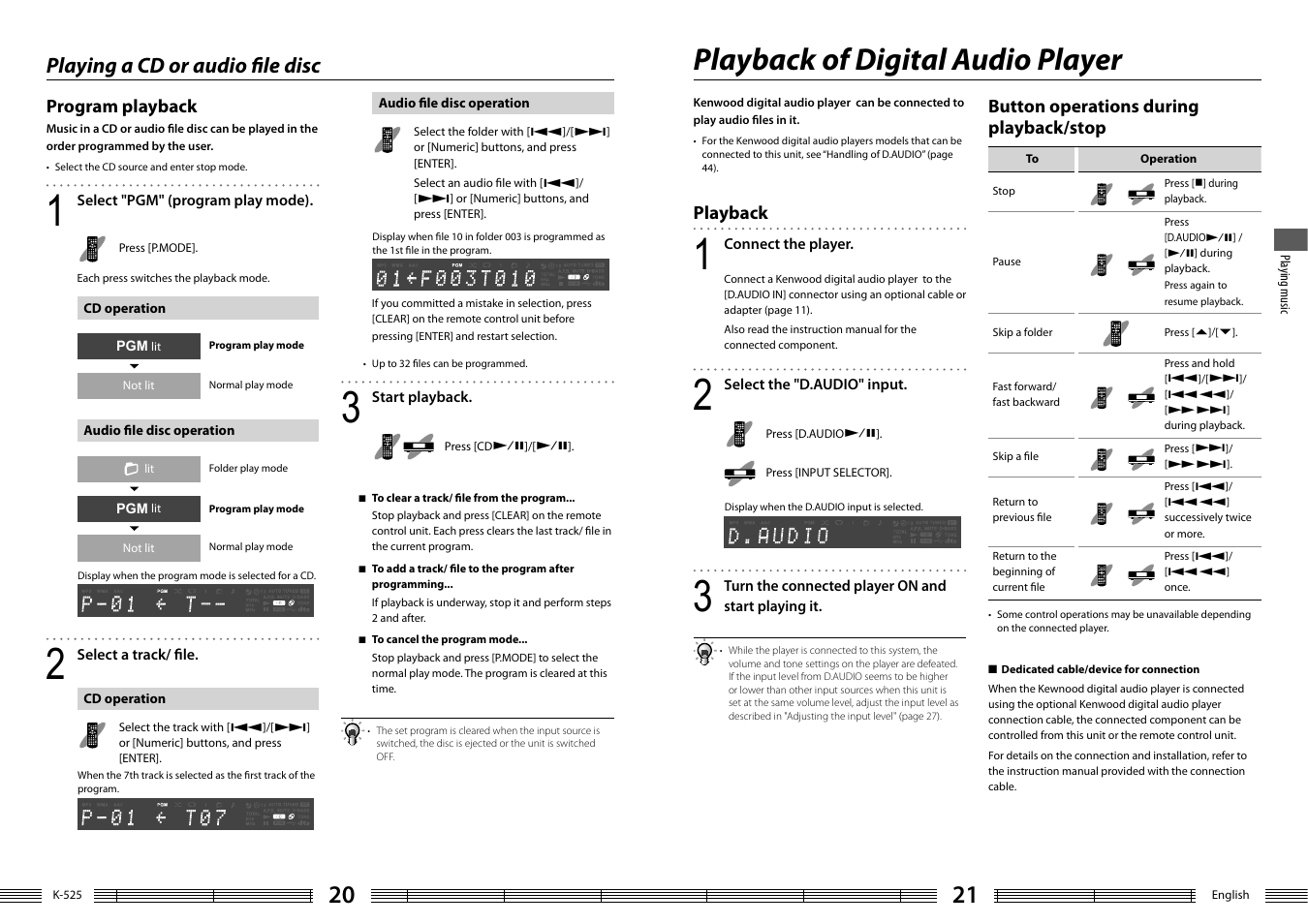 Playback of digital audio player, Playing a cd or audio fi le disc, Program playback | Playback, Button operations during playback/stop | Kenwood K-525-S User Manual | Page 11 / 27