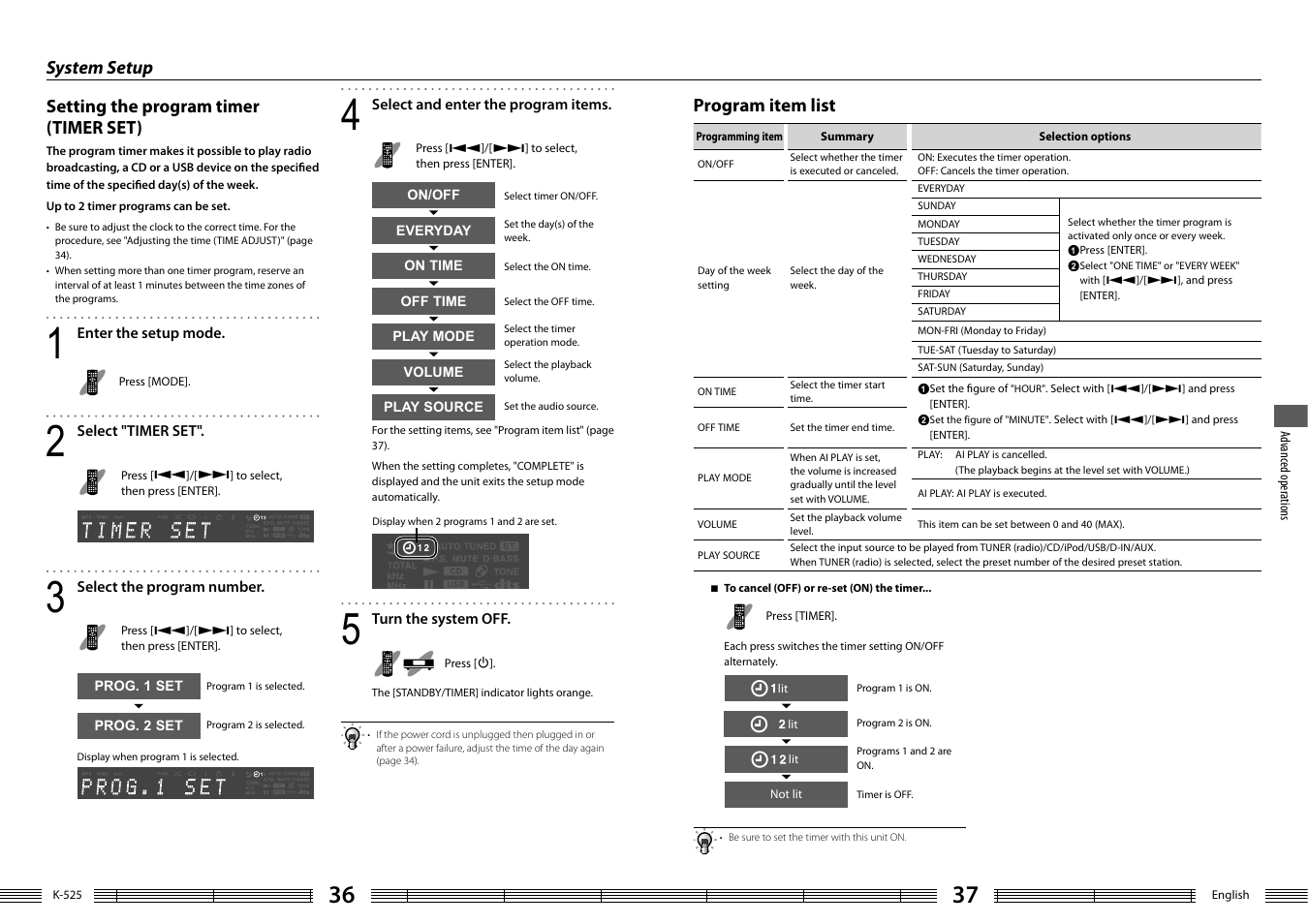 System setup, Setting the program timer (timer set), Program item list | Kenwood K-525-S User Manual | Page 19 / 27