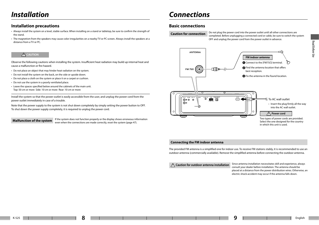 Installation, Connections, Installation precautions | Basic connections | Kenwood K-525-S User Manual | Page 5 / 27