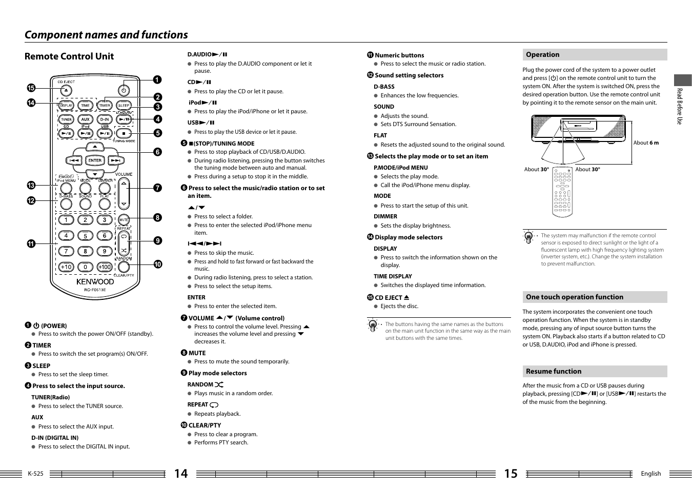 Component names and functions, Remote control unit | Kenwood K-525-S User Manual | Page 8 / 27