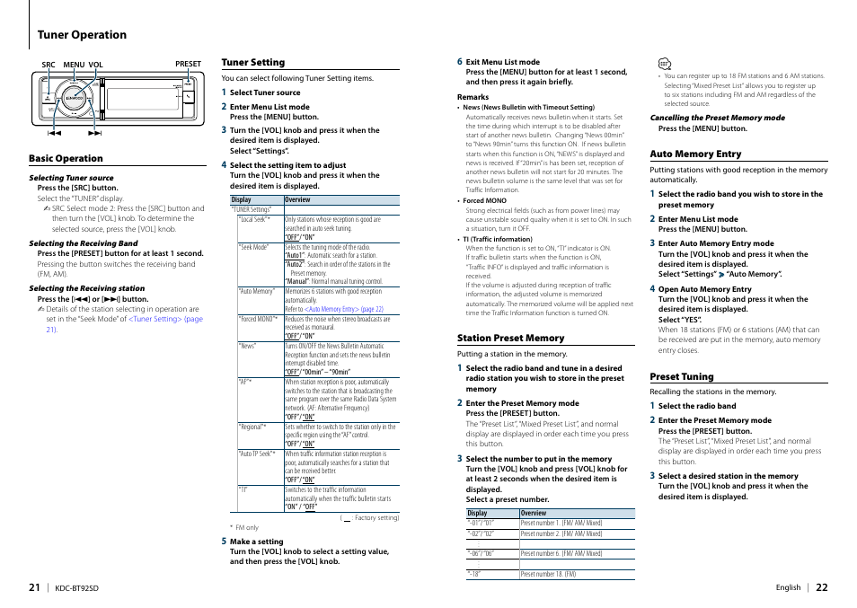 Tuner operation, Basic operation, Tuner setting | Station preset memory, Auto memory entry, Preset tuning | Kenwood KDC-BT92SD User Manual | Page 11 / 41