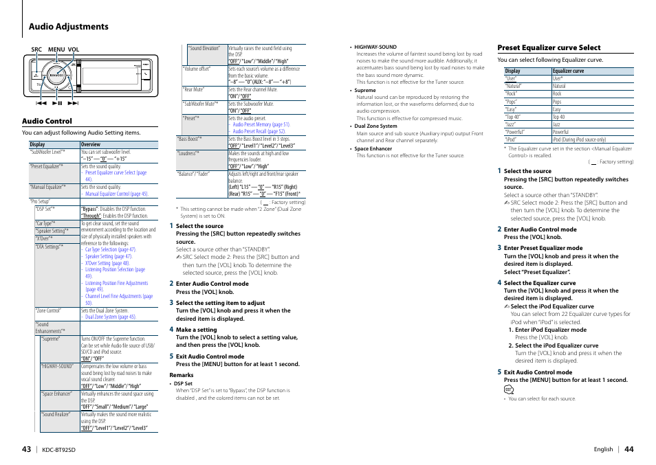 Audio adjustments, Audio control, Preset equalizer curve select | Audio control preset equalizer curve select | Kenwood KDC-BT92SD User Manual | Page 22 / 41