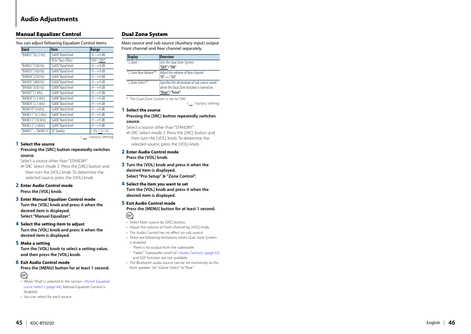 Manual equalizer control, Dual zone system, Manual equalizer control dual zone system | Audio adjustments | Kenwood KDC-BT92SD User Manual | Page 23 / 41