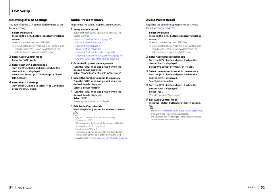 Resetting of dta settings, Audio preset memory, Audio preset recall | Dsp setup | Kenwood KDC-BT92SD User Manual | Page 26 / 41