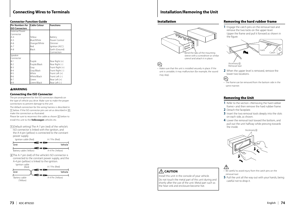 Installation/removing the unit, Connecting wires to terminals | Kenwood KDC-BT92SD User Manual | Page 37 / 41
