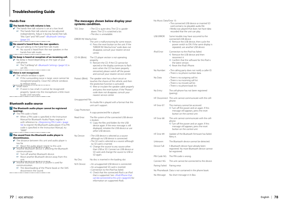 Troubleshooting guide | Kenwood KDC-BT92SD User Manual | Page 39 / 41
