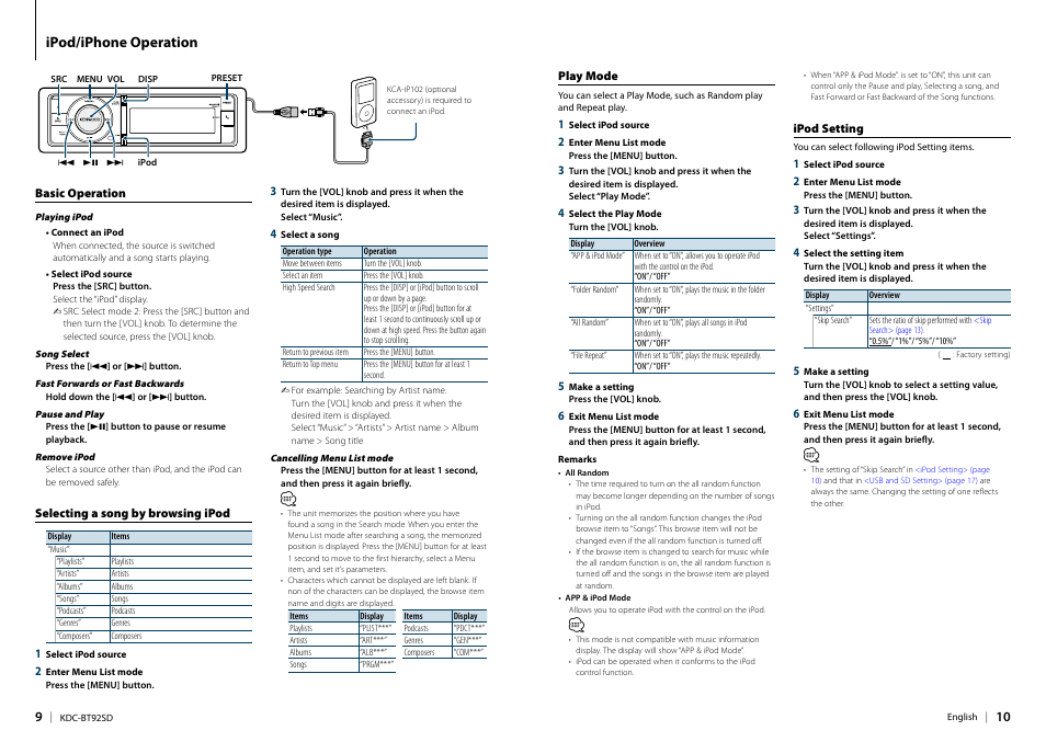 Ipod/iphone operation, Basic operation, Selecting a song by browsing ipod | Play mode, Ipod setting | Kenwood KDC-BT92SD User Manual | Page 5 / 41