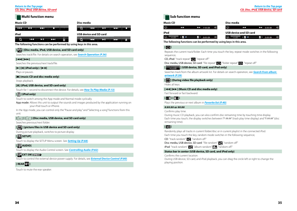 Multi function menu (p.34), Multi, Function menu (p.34) | Sub function, Menu (p.35) | Kenwood DNX7210BT User Manual | Page 18 / 58