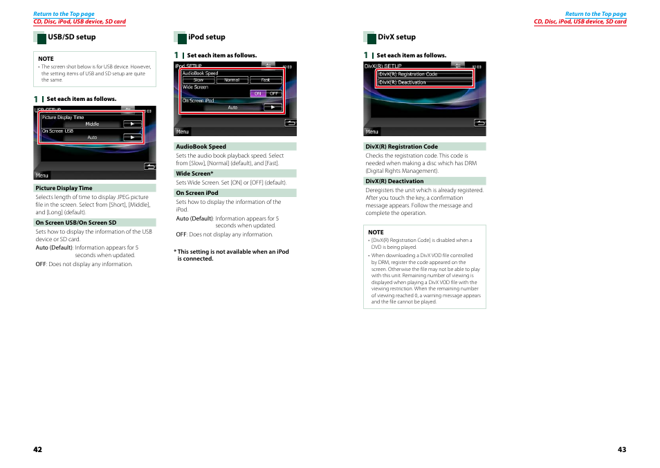 Usb/sd setup (p.42), Ipod setup (p.42), Divx setup (p.43) | Kenwood DNX7210BT User Manual | Page 22 / 58