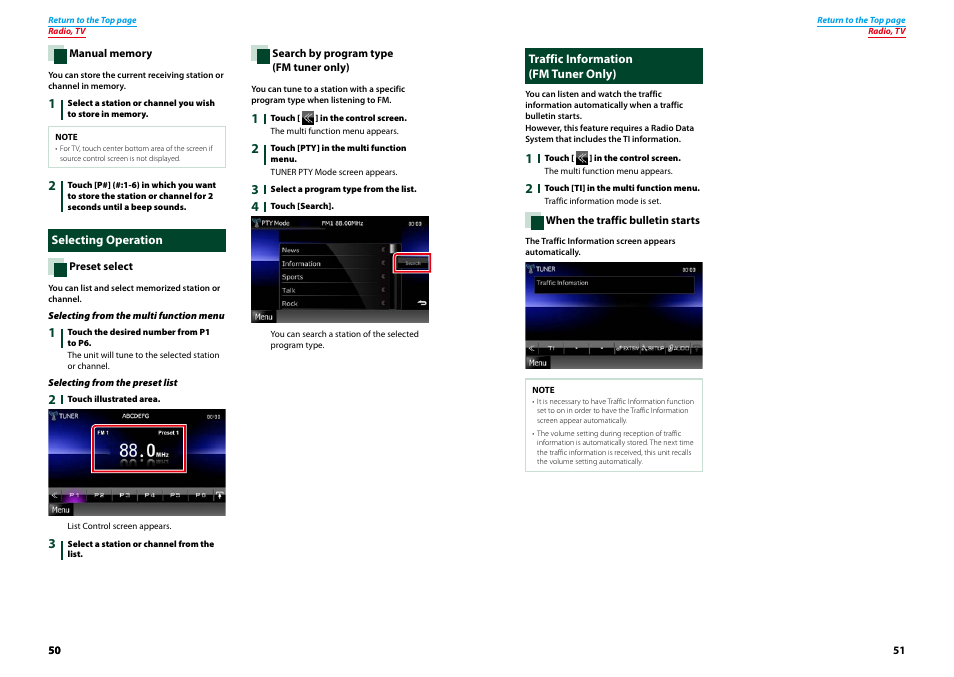 Selecting operation, Traffic information (fm tuner only), Selecting operation traffic information | Traffic information (p.51), Search by program type (p.50) | Kenwood DNX7210BT User Manual | Page 26 / 58