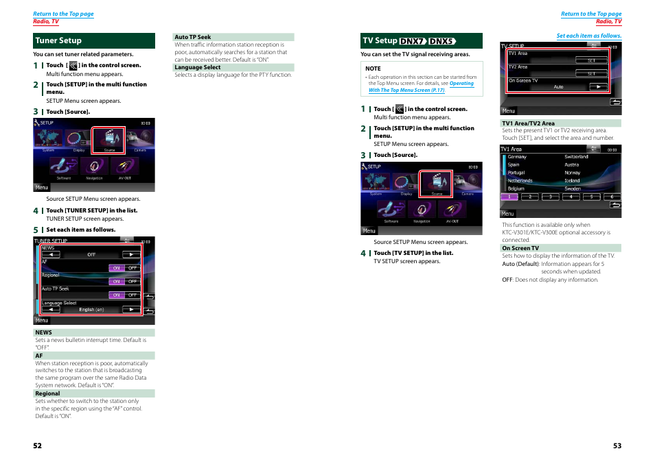 Tuner setup, Tv setup, Tuner setup tv setup | Kenwood DNX7210BT User Manual | Page 27 / 58