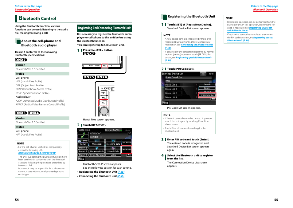 Bluetooth control, Registering and connecting bluetooth unit, Registering and connecting | Bluetooth unit, P.54), Luetooth control | Kenwood DNX7210BT User Manual | Page 28 / 58