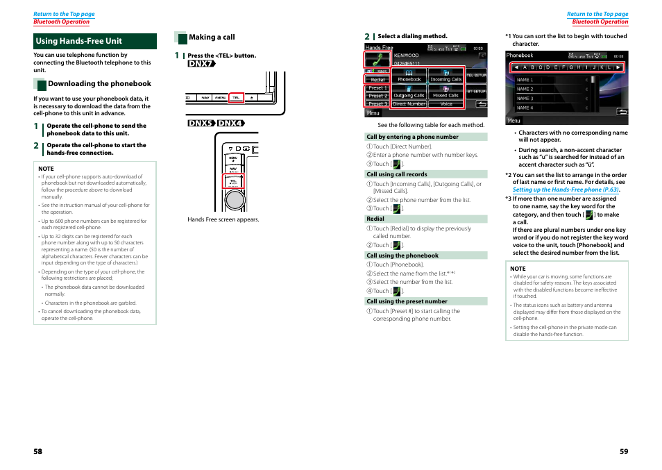 Using hands-free unit | Kenwood DNX7210BT User Manual | Page 30 / 58