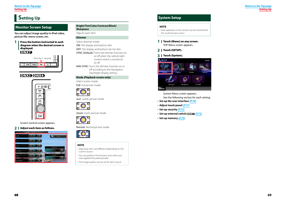 Setting up, Monitor screen setup, System setup | Monitor screen setup system setup, Setting up (p.68), Or details, see, External d, Etting up | Kenwood DNX7210BT User Manual | Page 35 / 58