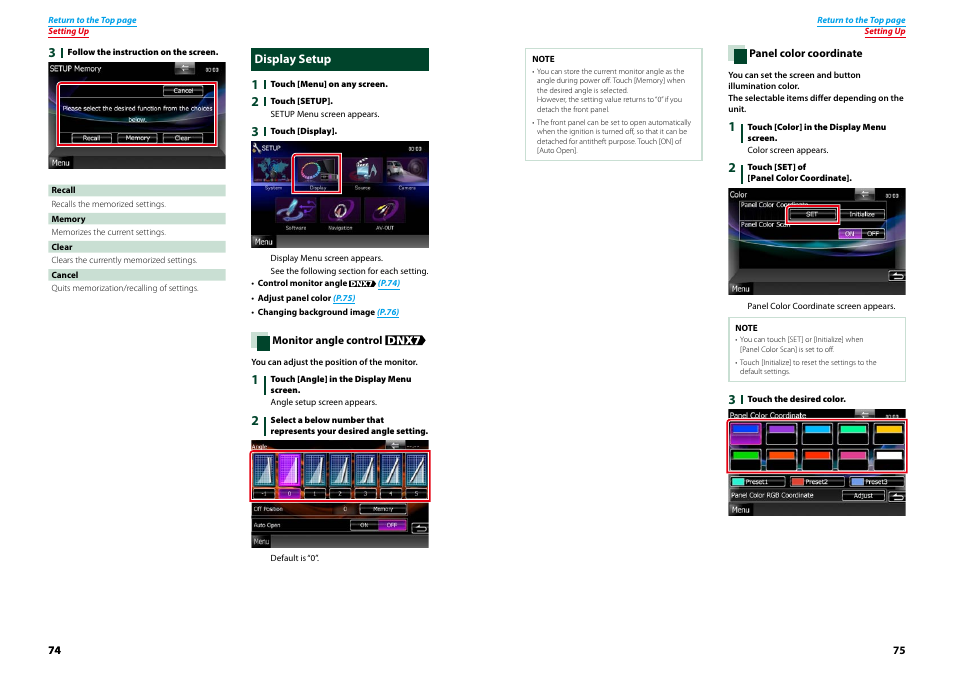 Display setup, Monitor angle control (p.74), Panel color coordinate (p.75) | Monitor, Angle control (p.74) | Kenwood DNX7210BT User Manual | Page 38 / 58