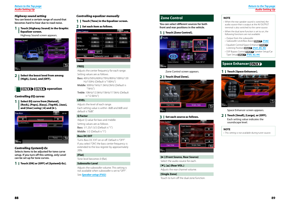 Zone control, Space enhancer, Zone control space enhancer | P.88), P.89), Highway, Sound setting (p.88) | Kenwood DNX7210BT User Manual | Page 45 / 58