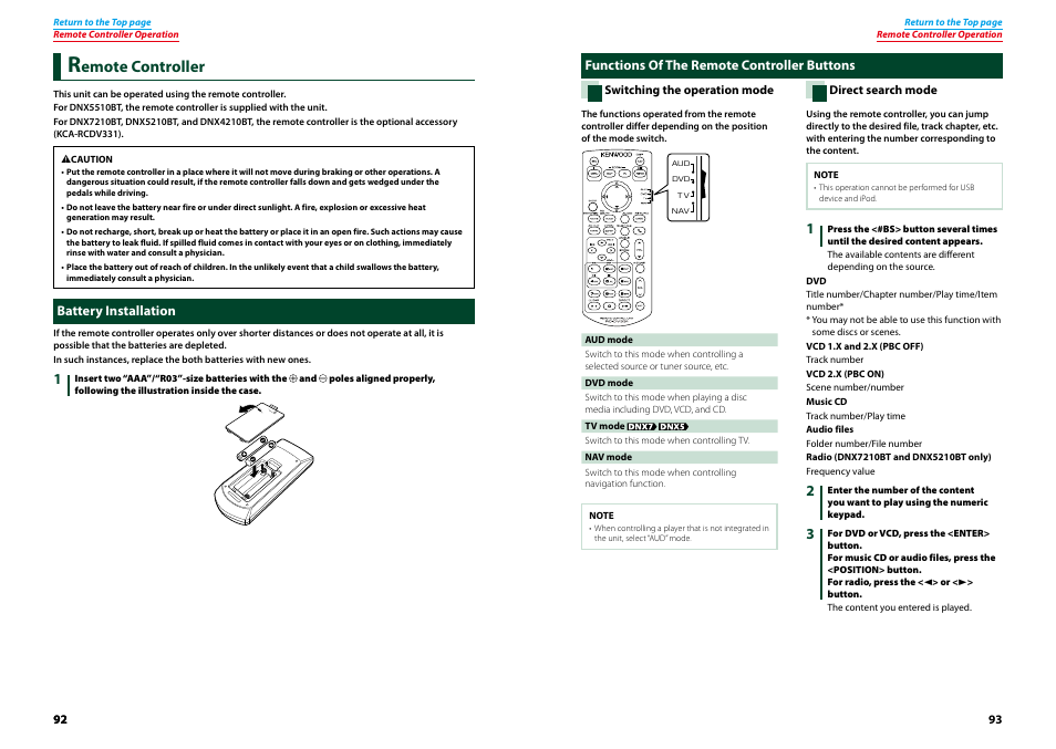 Remote controller, Battery installation, Functions of the remote controller buttons | Battery installation functions of, The remote controller buttons, Switching the operation, Mode (p.93), P.93), Direct search mode (p.93), Switching the operation mode | Kenwood DNX7210BT User Manual | Page 47 / 58