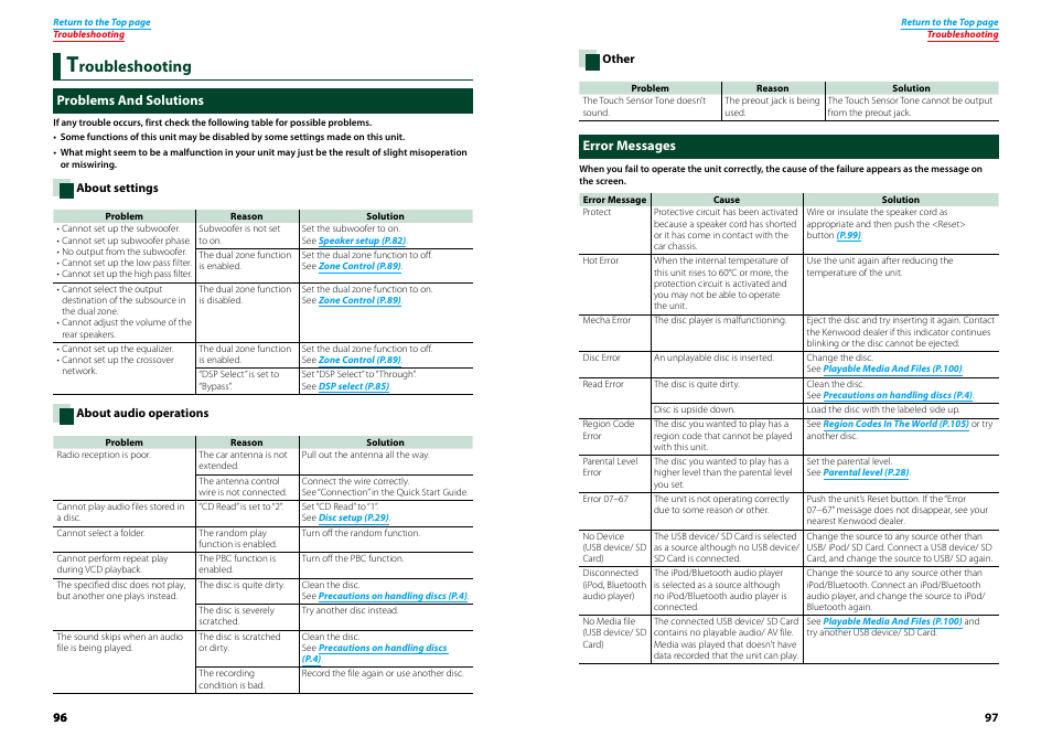 Troubleshooting, Problems and solutions, Error messages | Troubleshooting 96, Problems and solutions error messages, Roubleshooting | Kenwood DNX7210BT User Manual | Page 49 / 58