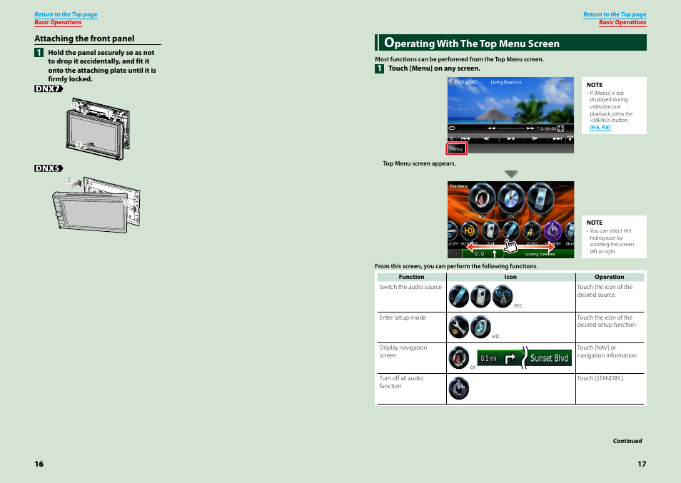 Operating with the top menu screen, P.17), Perating with the top menu screen | Kenwood DNX7210BT User Manual | Page 9 / 58