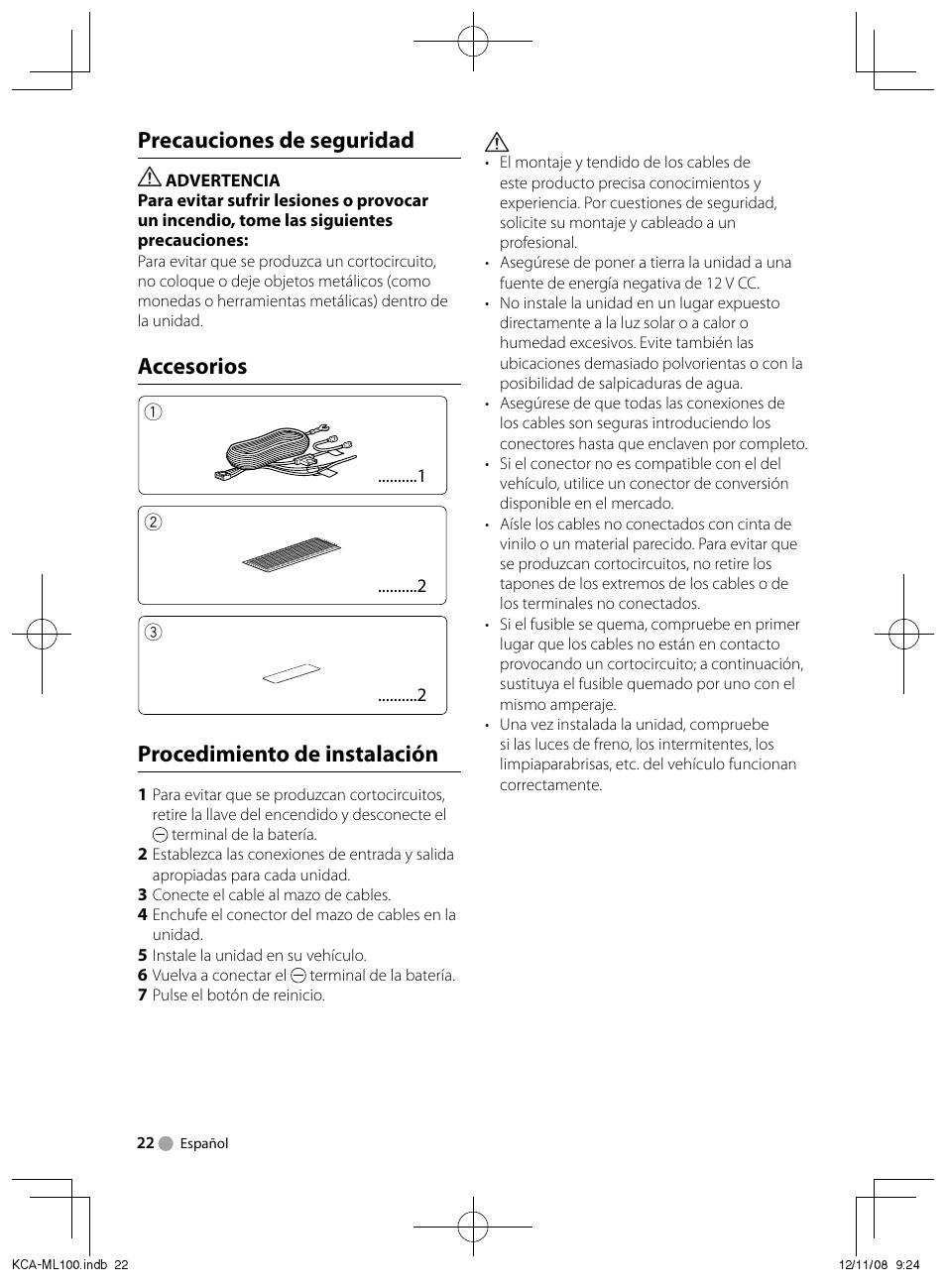 Precauciones de seguridad, Accesorios, Procedimiento de instalación | Kenwood KCA-ML100 User Manual | Page 2 / 5
