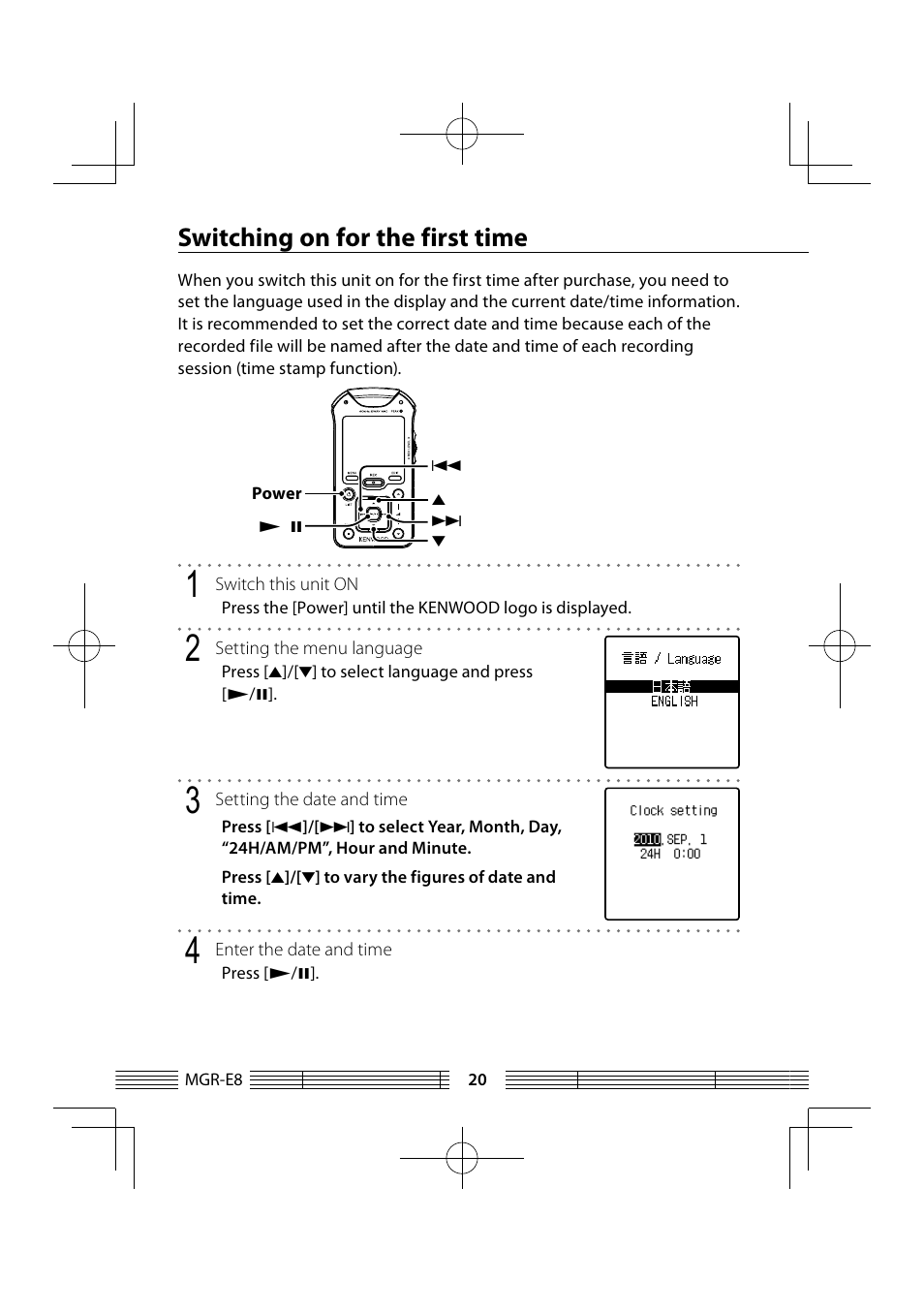 Switching on for the first time | Kenwood MGR-E8-B User Manual | Page 20 / 84
