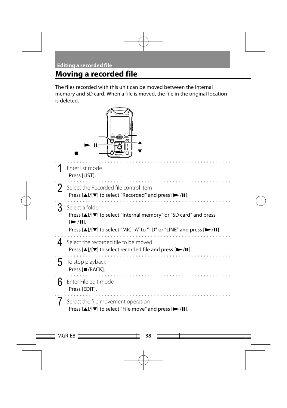 Moving a recorded file | Kenwood MGR-E8-B User Manual | Page 38 / 84