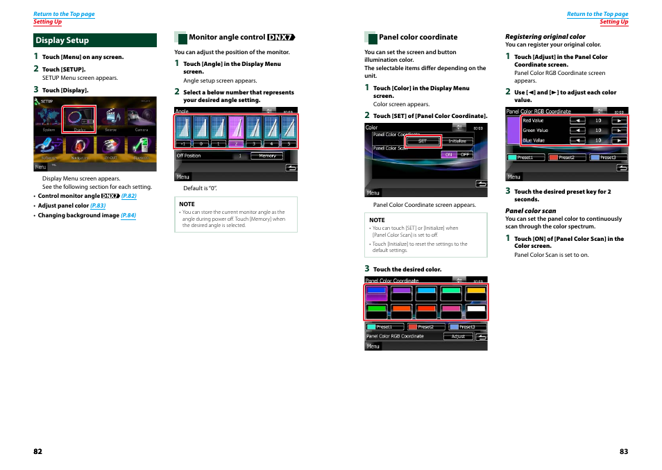 Display setup, Monitor angle control (p.82), Panel color coordinate (p.83) | Monitor, Angle control (p.82) | Kenwood DNX4230TR User Manual | Page 42 / 63