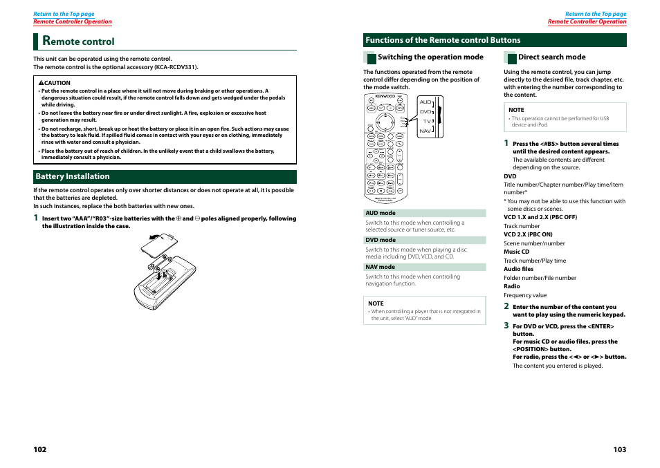 Remote control, Battery installation, Functions of the remote control buttons | Switching the operation mode, P.103), Switching the operation, Mode (p.103), Direct search mode (p.103), Emote control | Kenwood DNX4230TR User Manual | Page 52 / 63