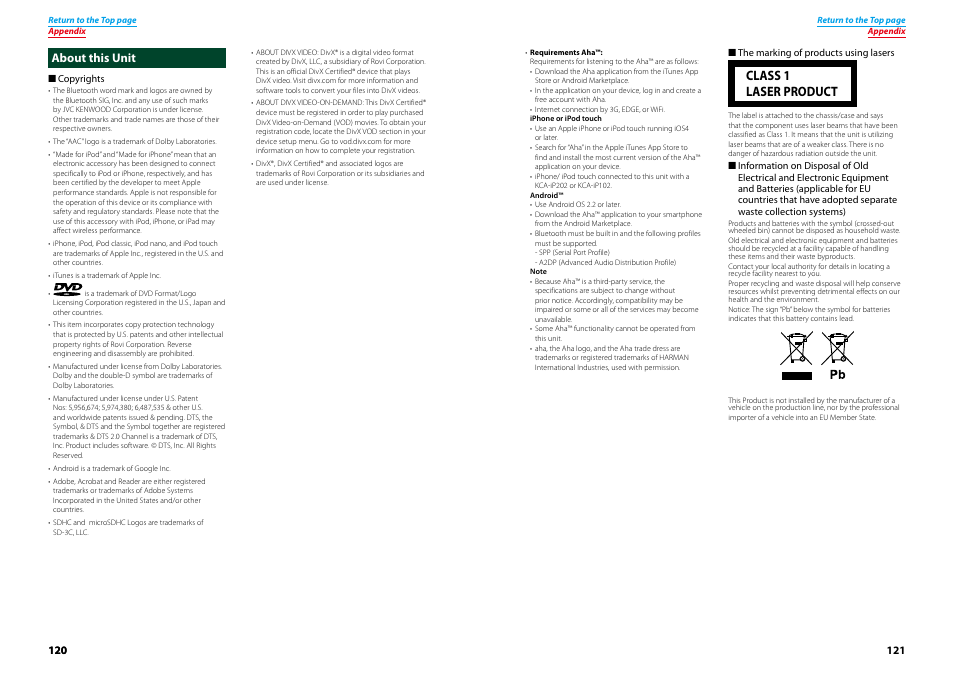 About this unit, P.121), Class 1 laser product | Kenwood DNX4230TR User Manual | Page 61 / 63