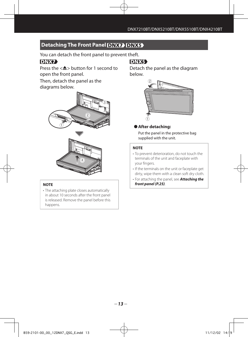 Detaching the front panel | Kenwood DNX5210BT User Manual | Page 13 / 36