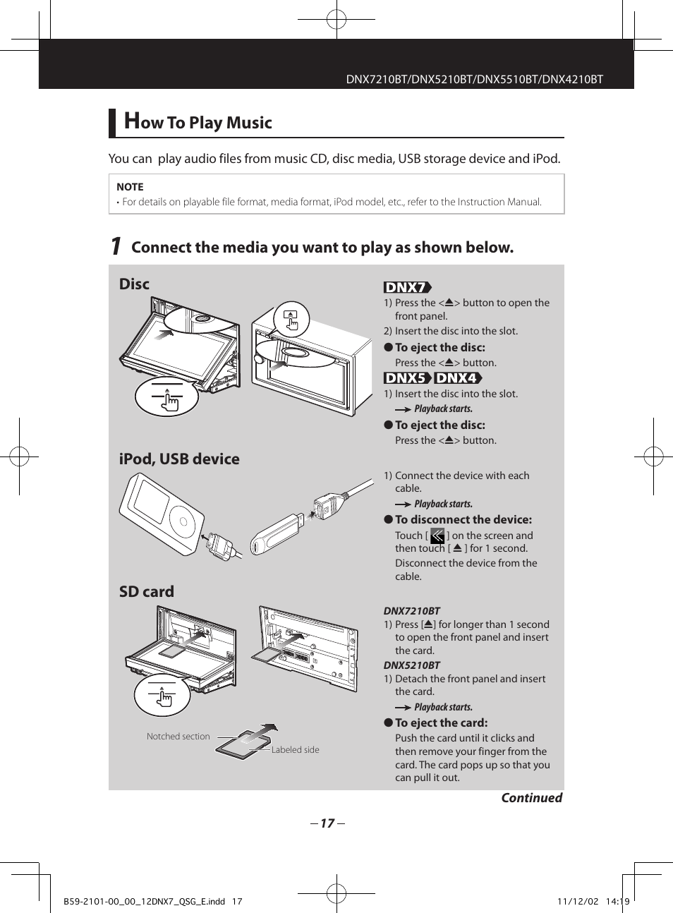 Ow to play music, Ipod, usb device sd card | Kenwood DNX5210BT User Manual | Page 17 / 36