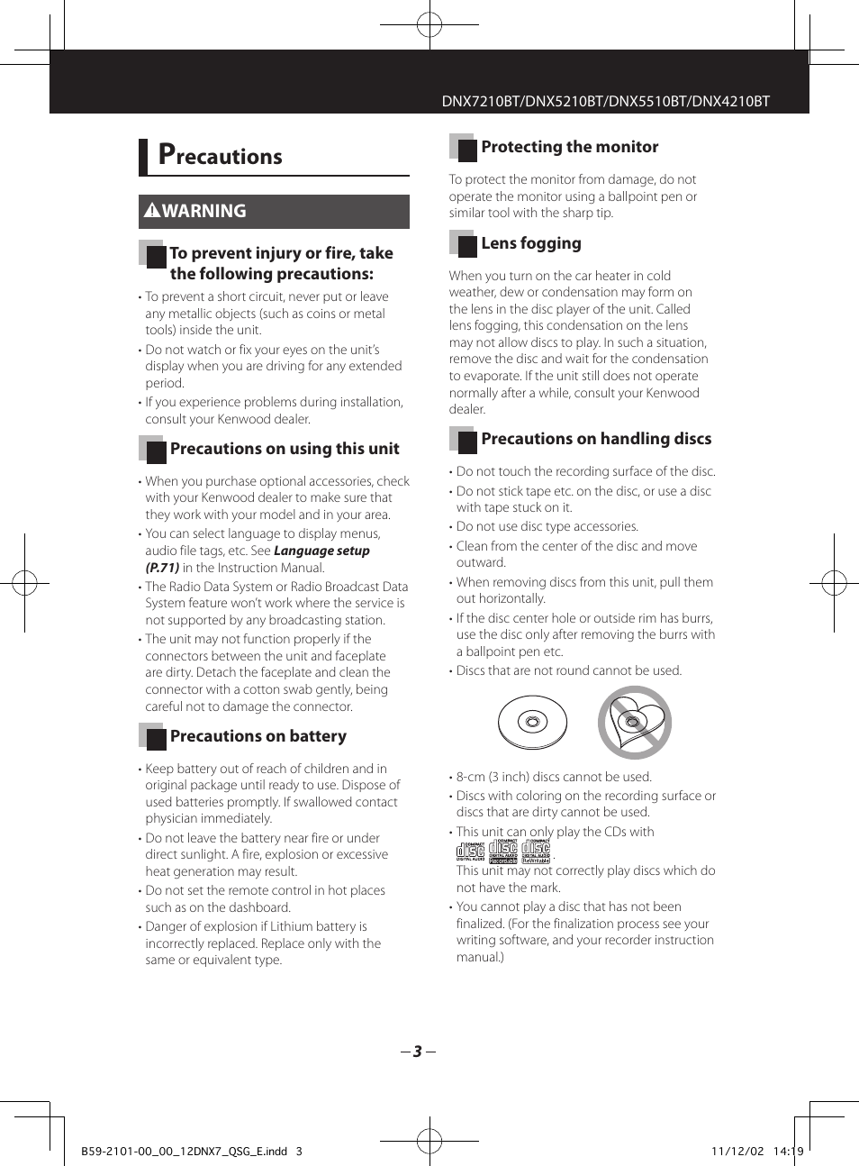 Recautions, 2warning | Kenwood DNX5210BT User Manual | Page 3 / 36